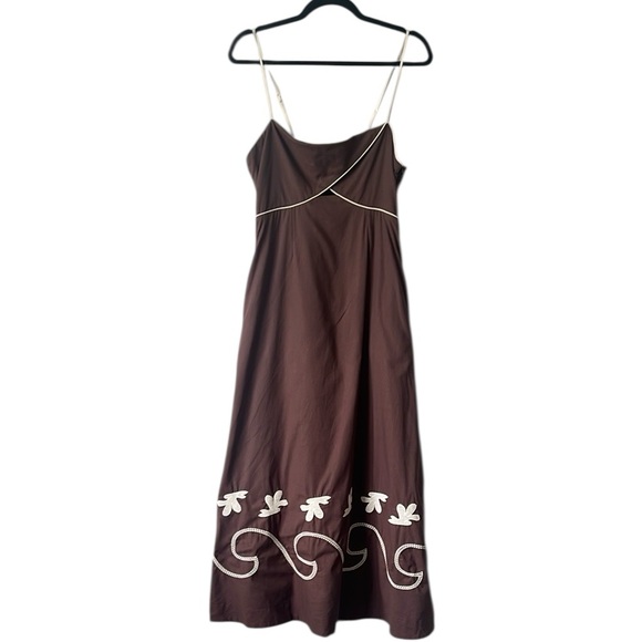Mon Renn Brown Cream Embroidered Smock Back Midi Sundress Pockets US Large - Picture 8 of 14
